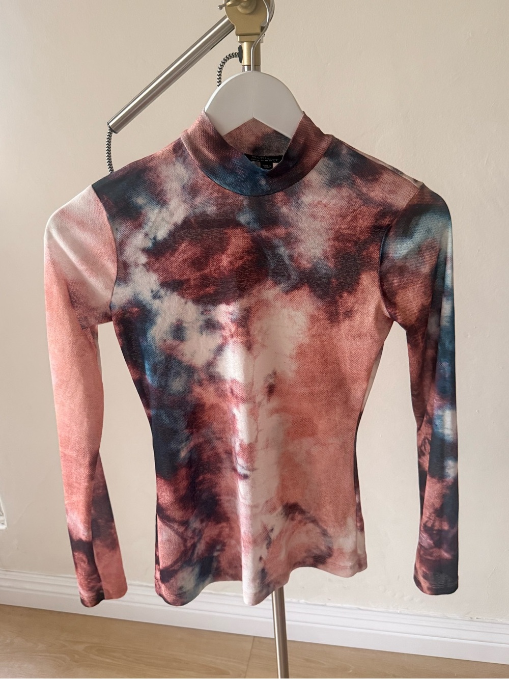 Bardot Tie-Dye Mock Neck Long Sleeve Top in Rust, Blue & White